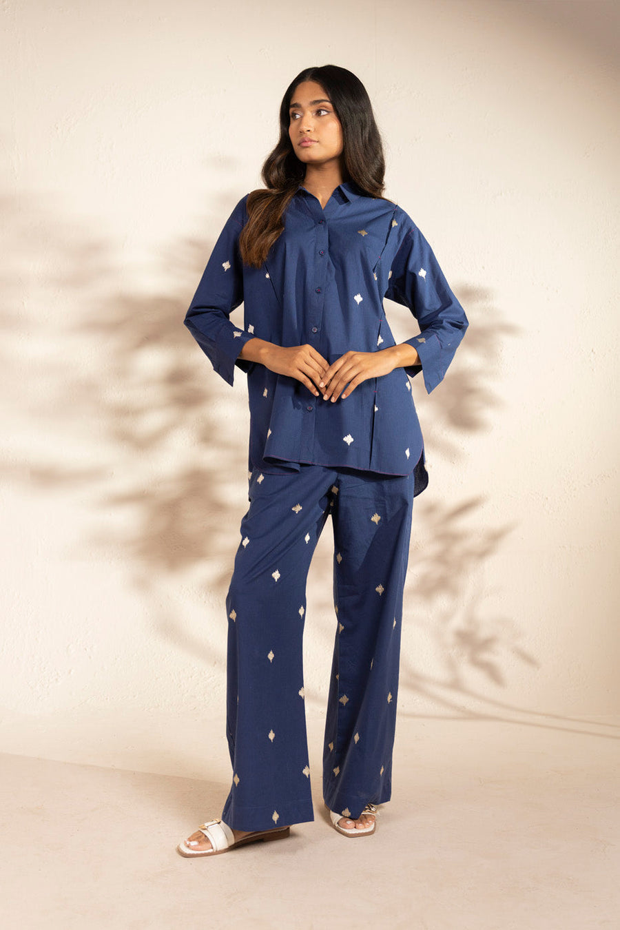 Midnight Navy Cotton 2-Piece Suit | Ikat Diamond Embroidery