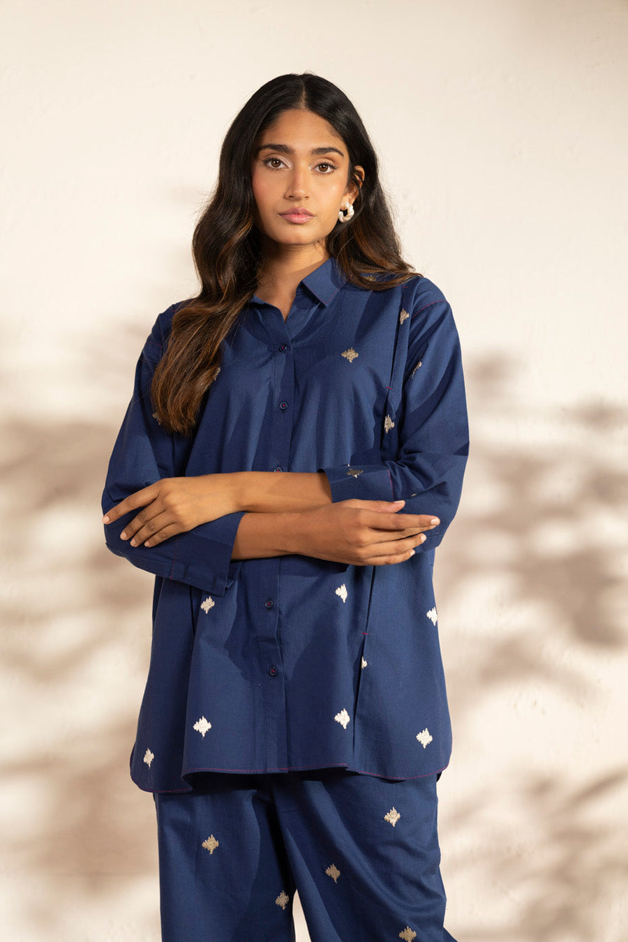 Midnight Navy Cotton 2-Piece Suit | Ikat Diamond Embroidery
