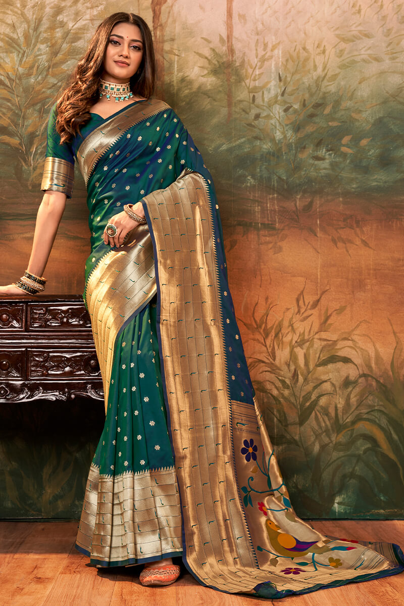 Prominent Dark Green Paithani Silk Saree With Ethnic Blouse Piece - Pehnaawaa