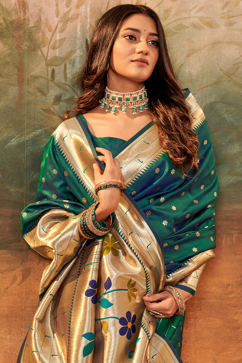 Prominent Dark Green Paithani Silk Saree With Ethnic Blouse Piece - Pehnaawaa