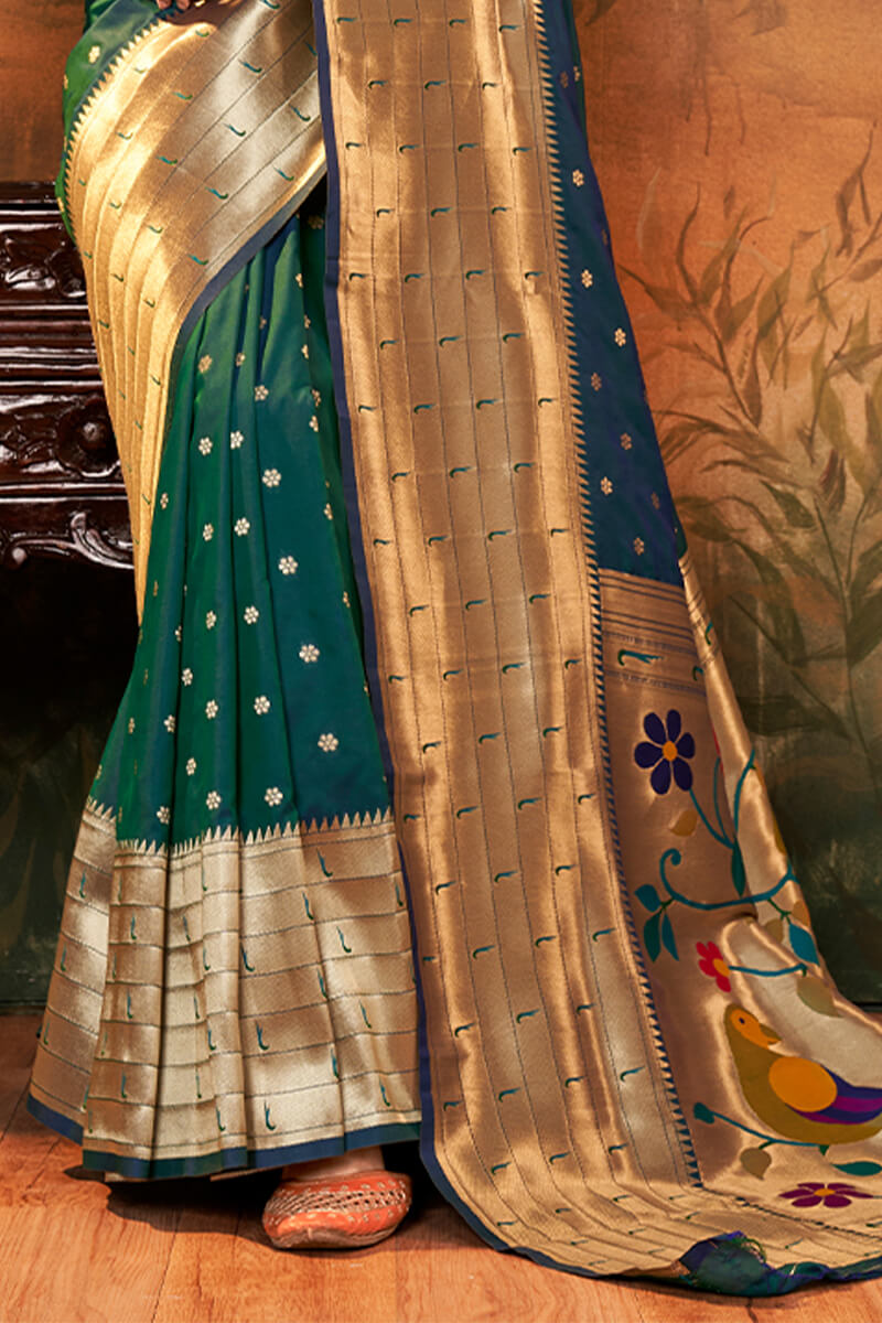 Prominent Dark Green Paithani Silk Saree With Ethnic Blouse Piece - Pehnaawaa