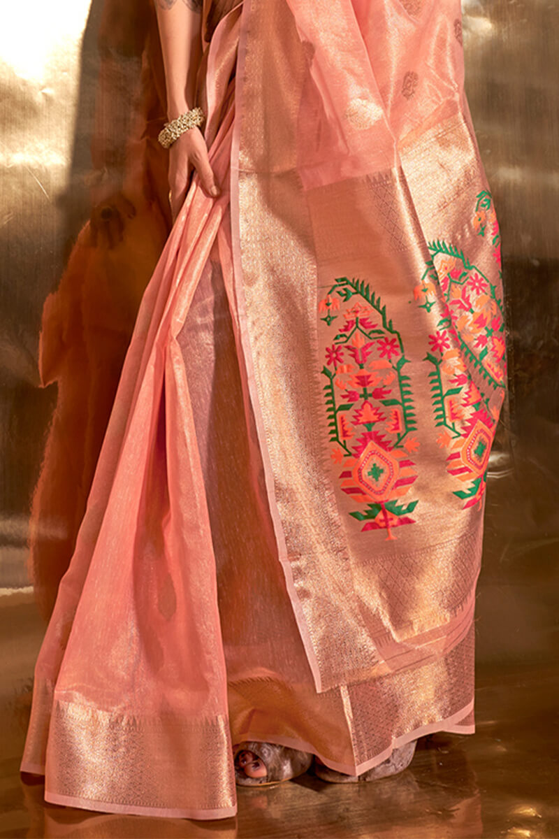 Exceptional Peach Paithani Silk Saree With Arresting Blouse Piece - Pehnaawaa