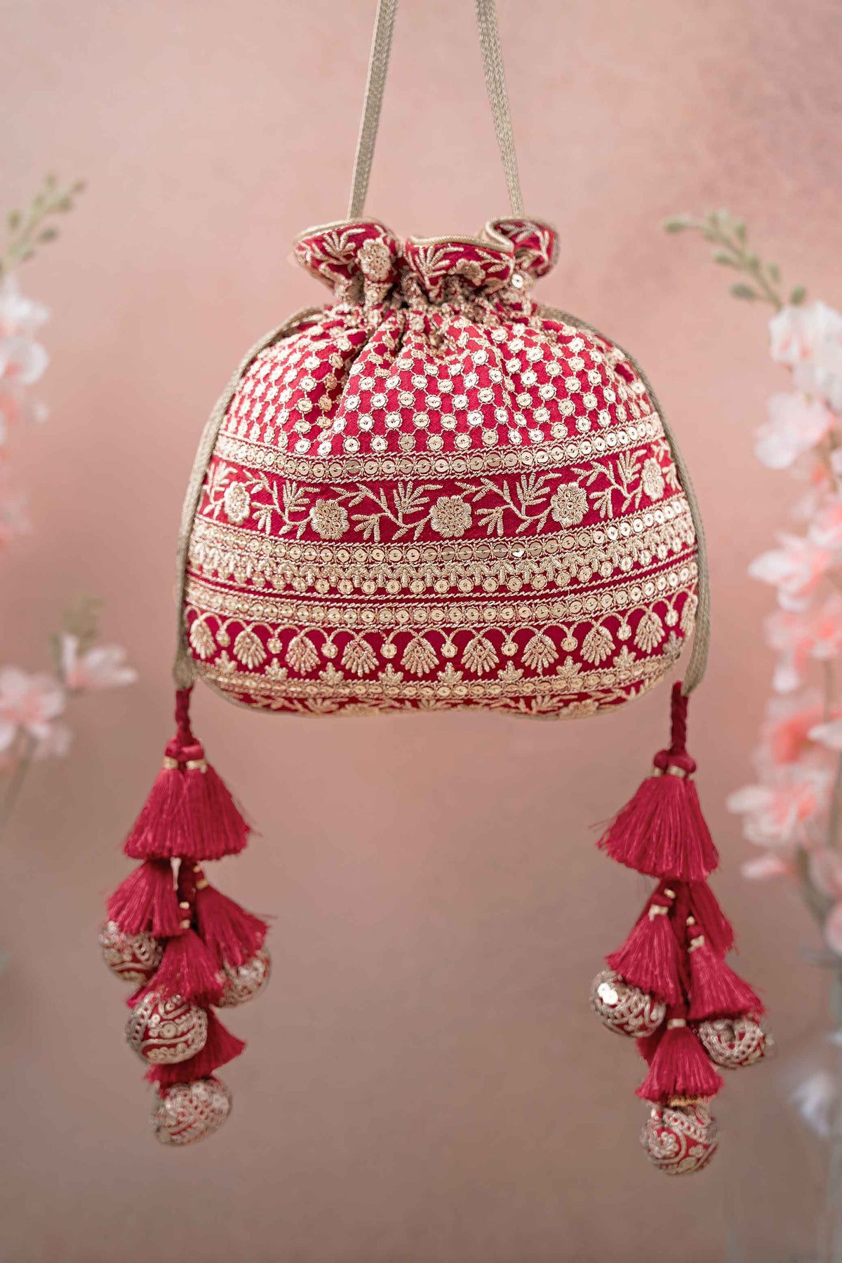Elegant Red Embroidered Potli Bag