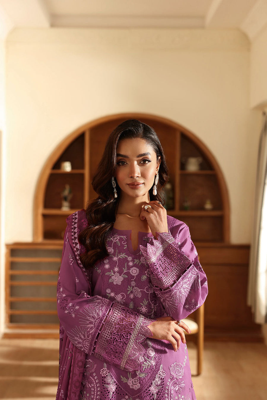 Orchid Bloom Embroidered Lawn 3-Piece Suit with Digital Printed Silk Dupatta - Pehnaawaa