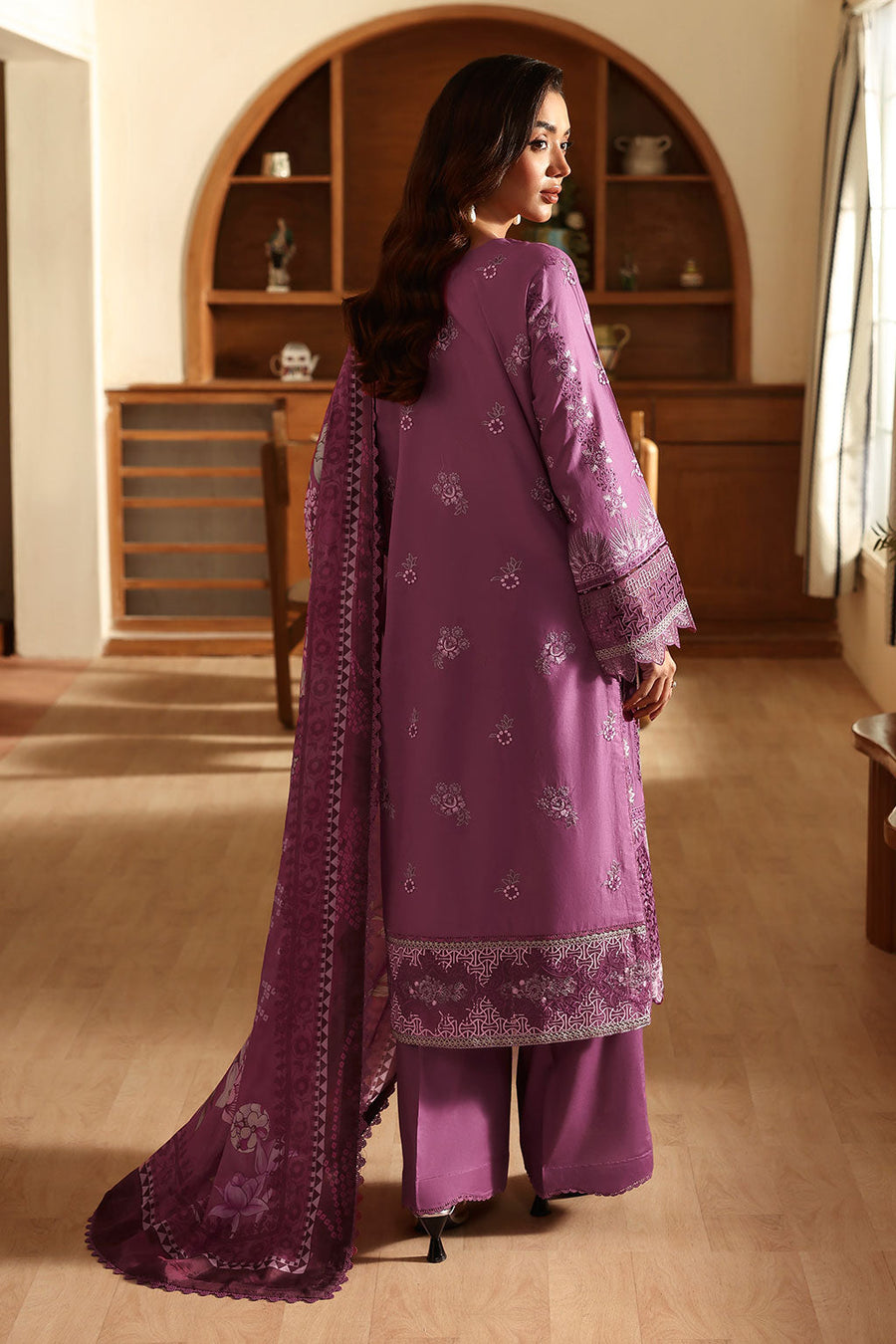 Orchid Bloom Embroidered Lawn 3-Piece Suit with Digital Printed Silk Dupatta - Pehnaawaa