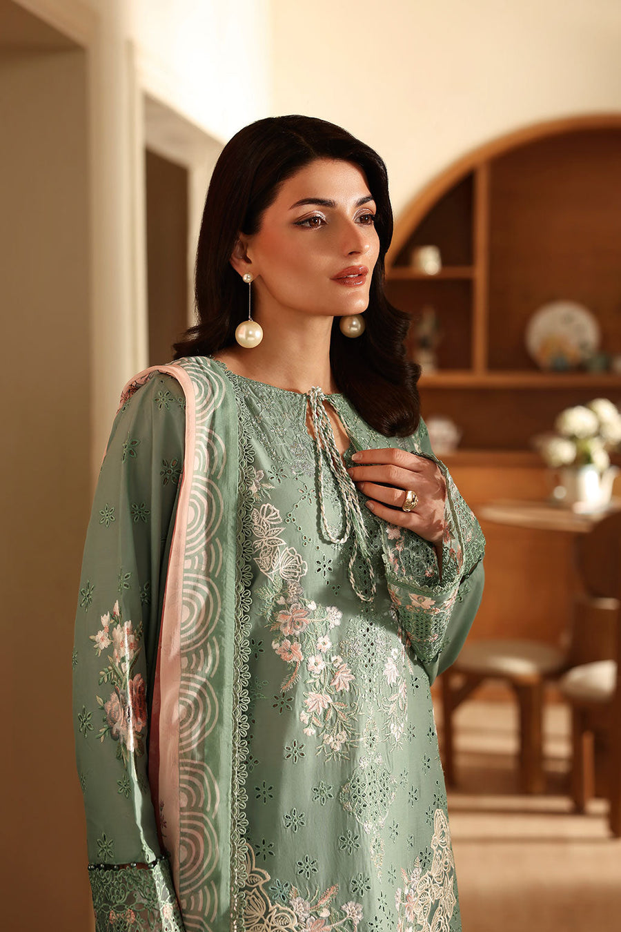 Sage Green Embroidered Lawn Suit with Digital Printed Chiffon Dupatta