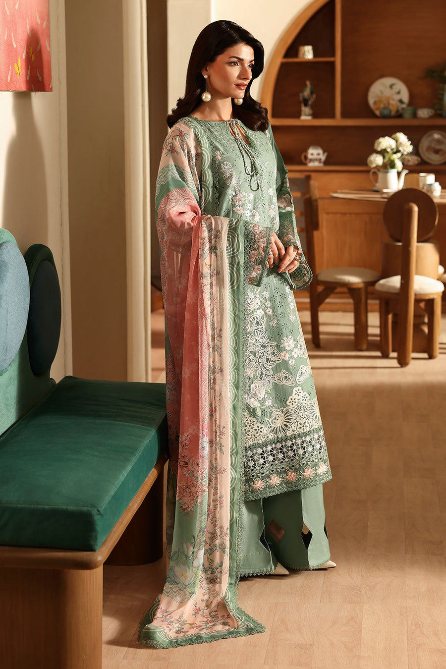 Sage Green Embroidered Lawn Suit with Digital Printed Chiffon Dupatta