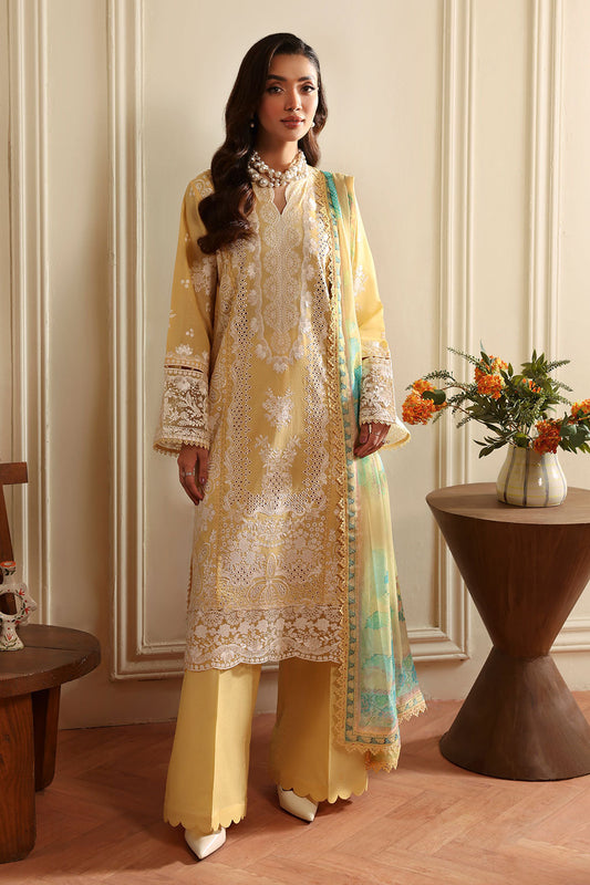 Butter Yellow Embroidered Lawn Suit with Printed Chiffon Dupatta
