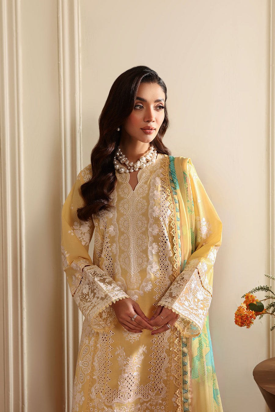 Butter Yellow Embroidered Lawn Suit with Printed Chiffon Dupatta