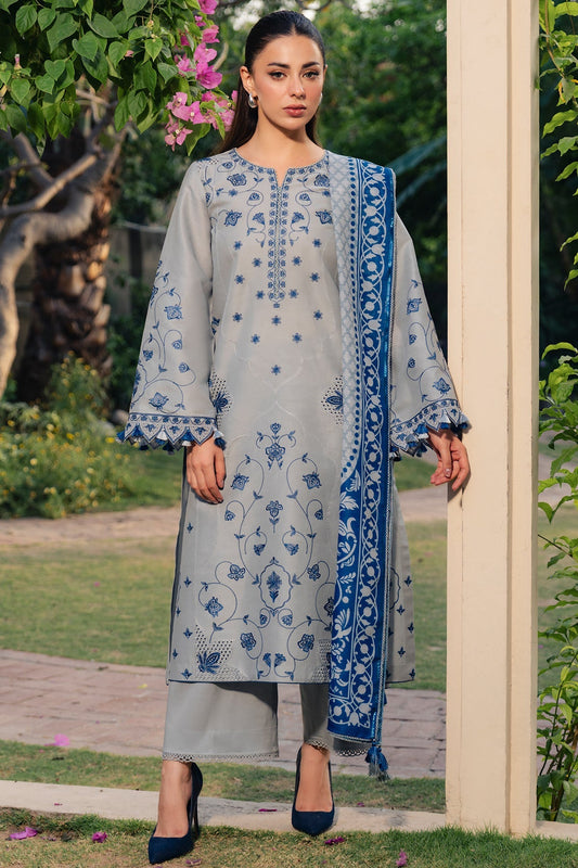 Grey Blue Embroidered Lawn Suit with Cambric Trousers and Printed Cotton Silk Dupatta