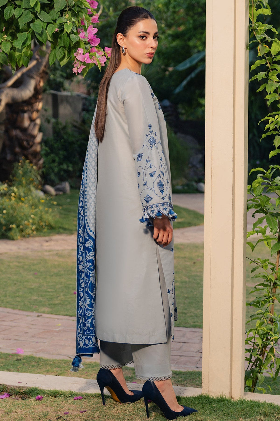 Grey Blue Embroidered Lawn Suit with Cambric Trousers and Printed Cotton Silk Dupatta