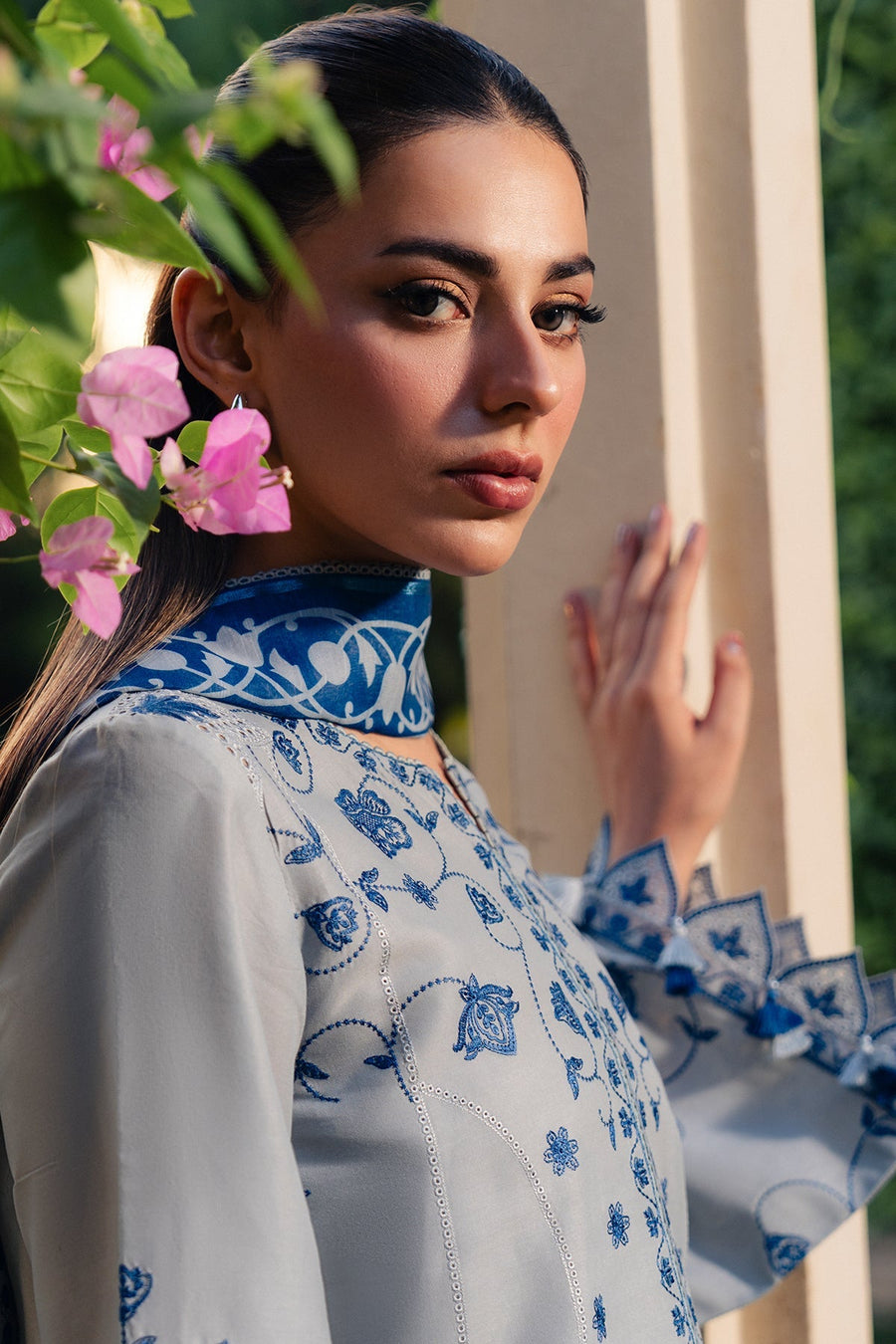 Grey Blue Embroidered Lawn Suit with Cambric Trousers and Printed Cotton Silk Dupatta
