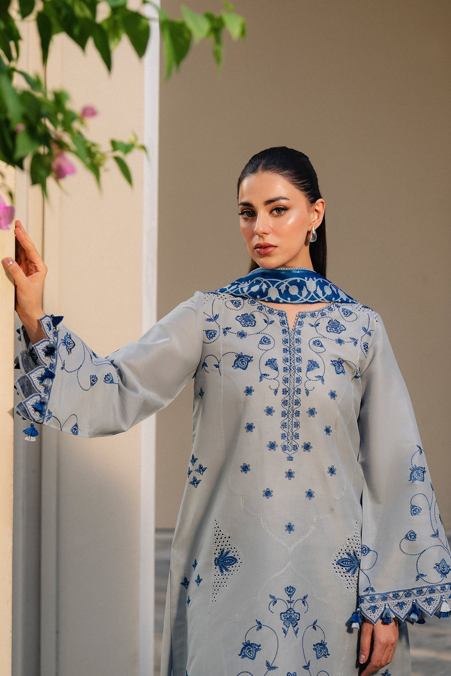 Grey Blue Embroidered Lawn Suit with Cambric Trousers and Printed Cotton Silk Dupatta