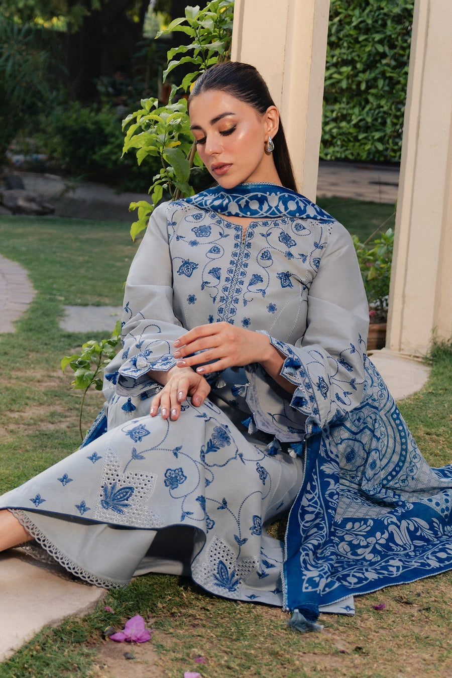 Grey Blue Embroidered Lawn Suit with Cambric Trousers and Printed Cotton Silk Dupatta
