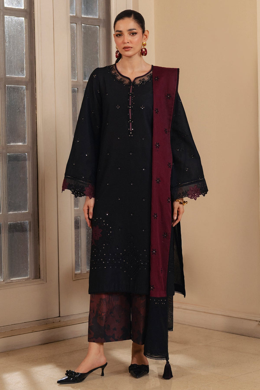 Black Embroidered Lawn Suit with Printed Cambric Trousers and Voile Lawn Dupatta