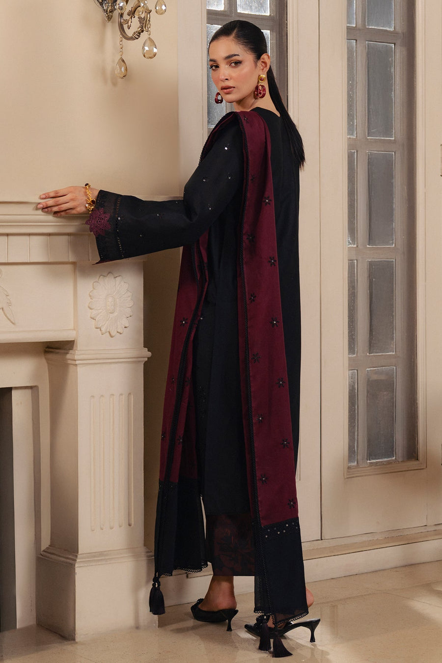 Black Embroidered Lawn Suit with Printed Cambric Trousers and Voile Lawn Dupatta
