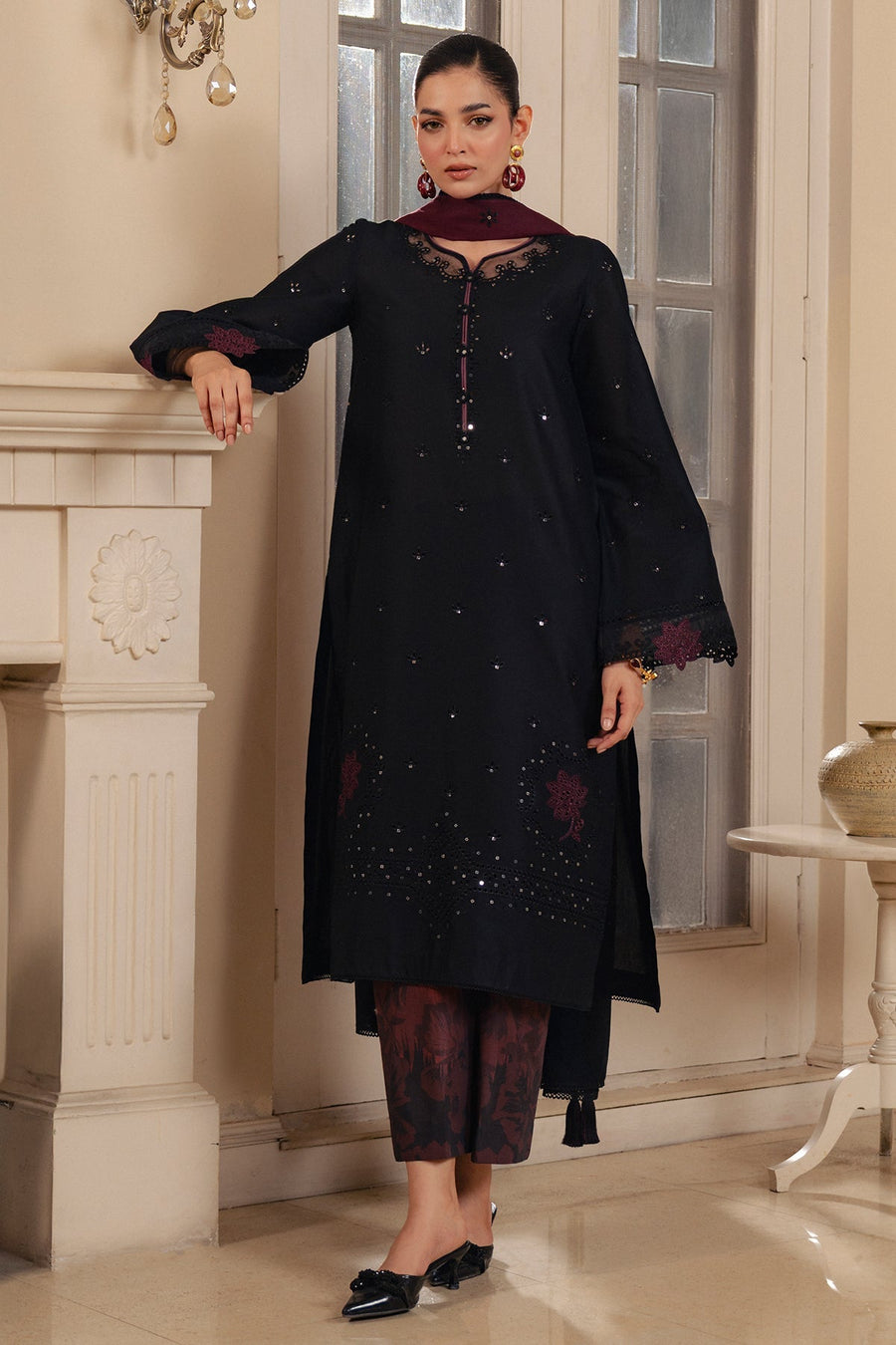 Black Embroidered Lawn Suit with Printed Cambric Trousers and Voile Lawn Dupatta