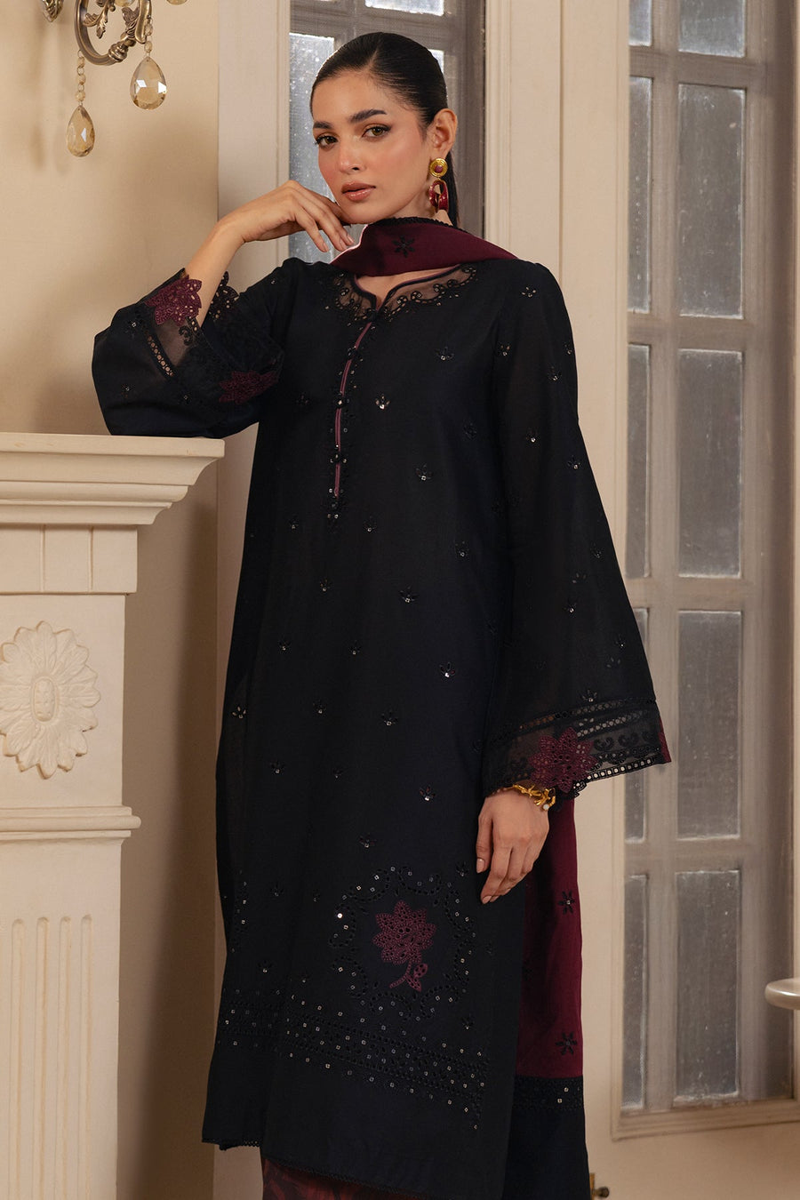 Black Embroidered Lawn Suit with Printed Cambric Trousers and Voile Lawn Dupatta
