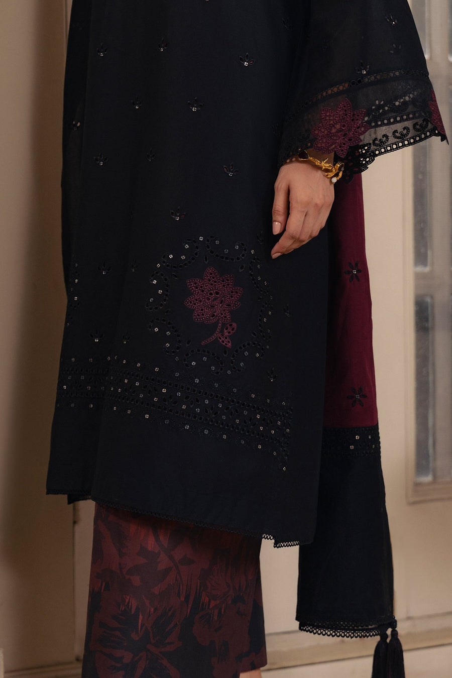 Black Embroidered Lawn Suit with Printed Cambric Trousers and Voile Lawn Dupatta