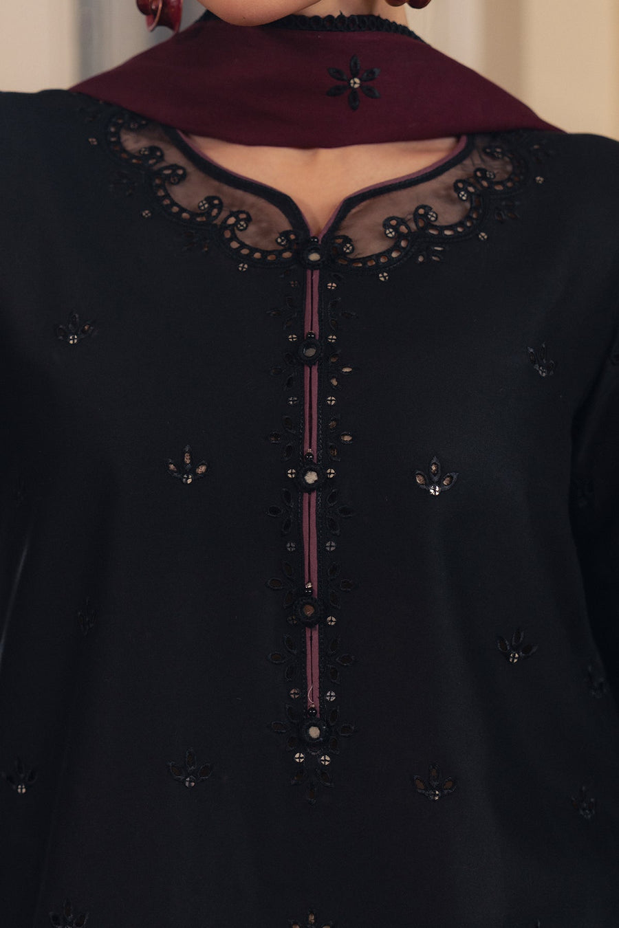 Black Embroidered Lawn Suit with Printed Cambric Trousers and Voile Lawn Dupatta