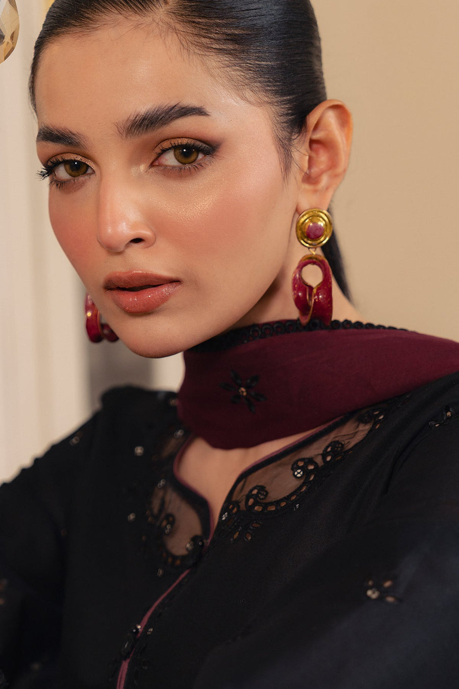 Black Embroidered Lawn Suit with Printed Cambric Trousers and Voile Lawn Dupatta