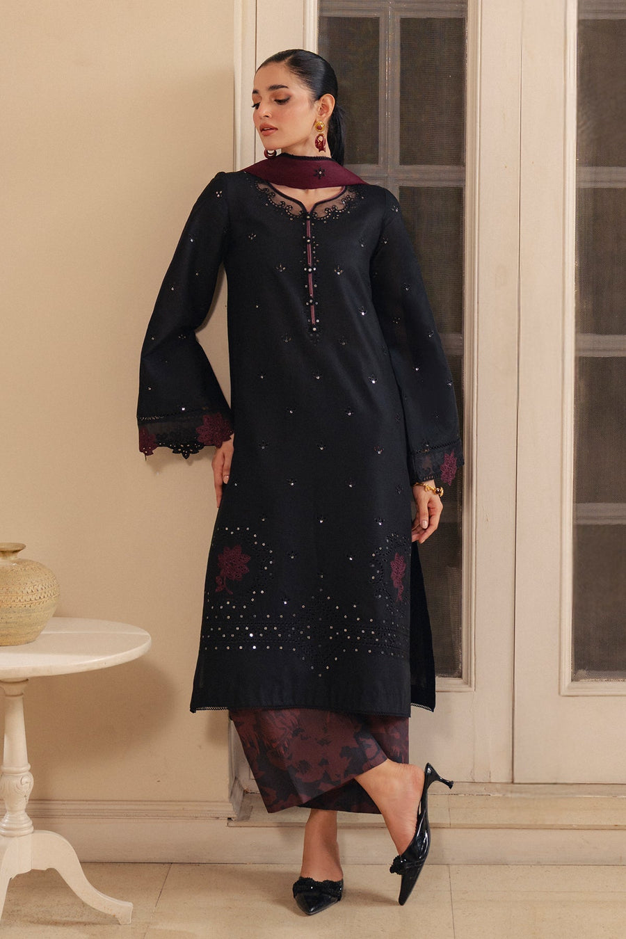 Black Embroidered Lawn Suit with Printed Cambric Trousers and Voile Lawn Dupatta