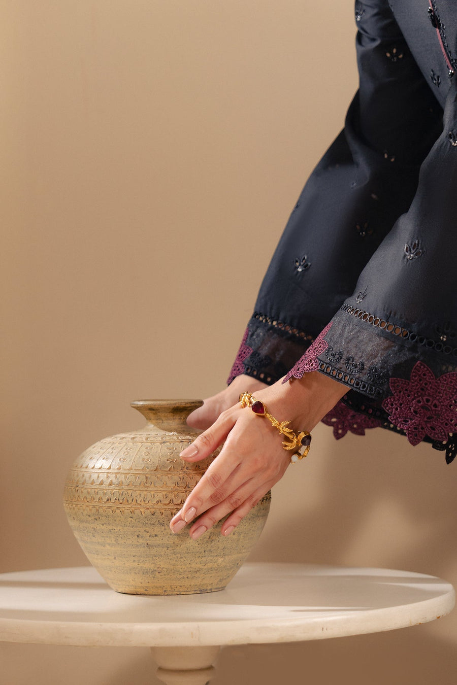 Black Embroidered Lawn Suit with Printed Cambric Trousers and Voile Lawn Dupatta