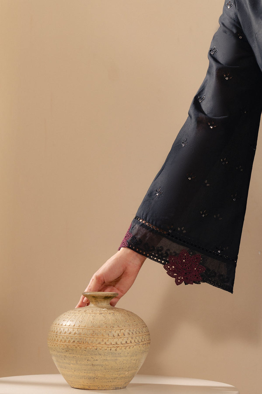 Black Embroidered Lawn Suit with Printed Cambric Trousers and Voile Lawn Dupatta