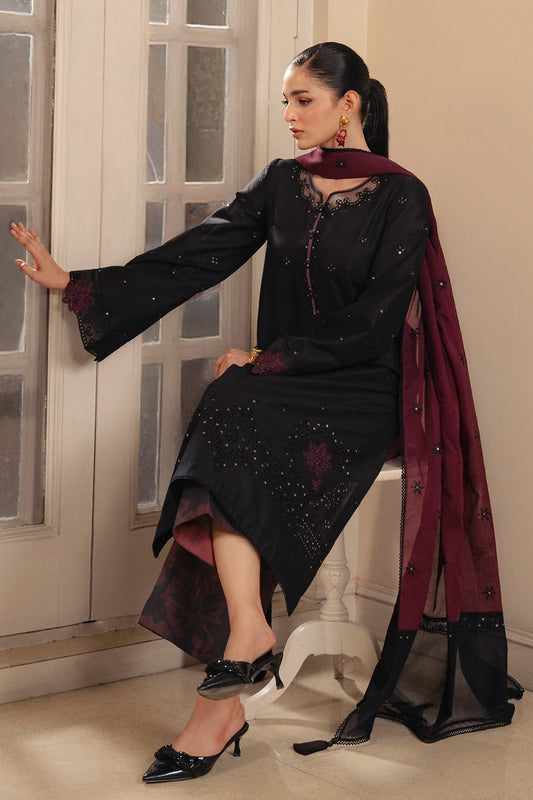 Black Embroidered Lawn Suit with Printed Cambric Trousers and Voile Lawn Dupatta