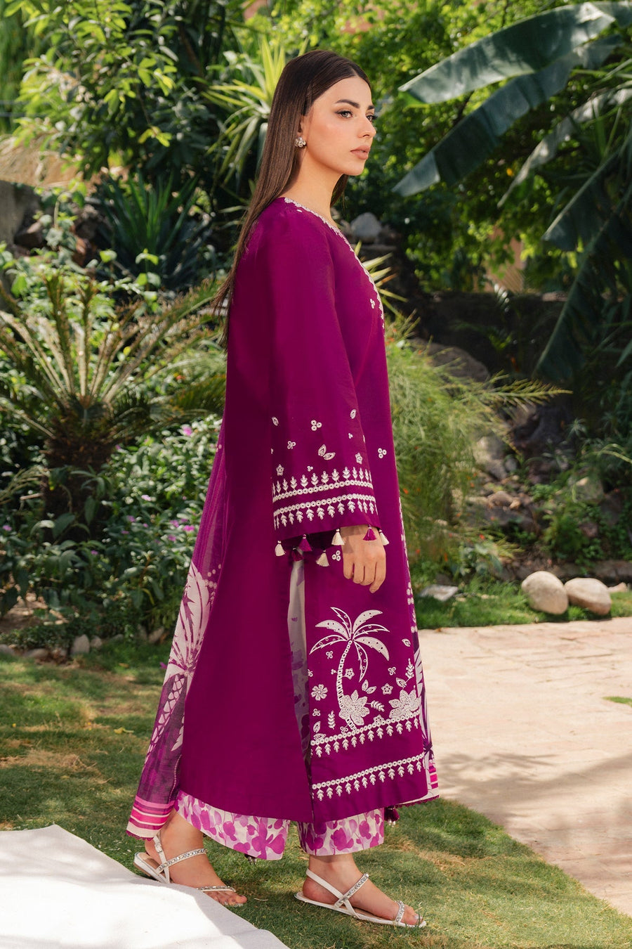 Magenta Embroidered Lawn Suit with Printed Cambric Trousers and Cotton Silk Dupatta