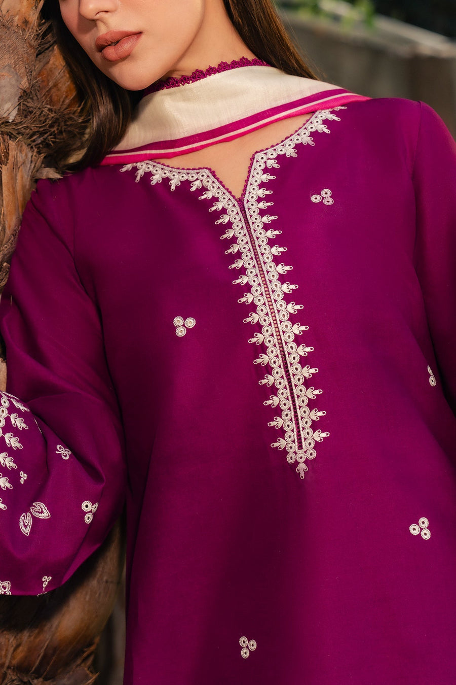 Magenta Embroidered Lawn Suit with Printed Cambric Trousers and Cotton Silk Dupatta