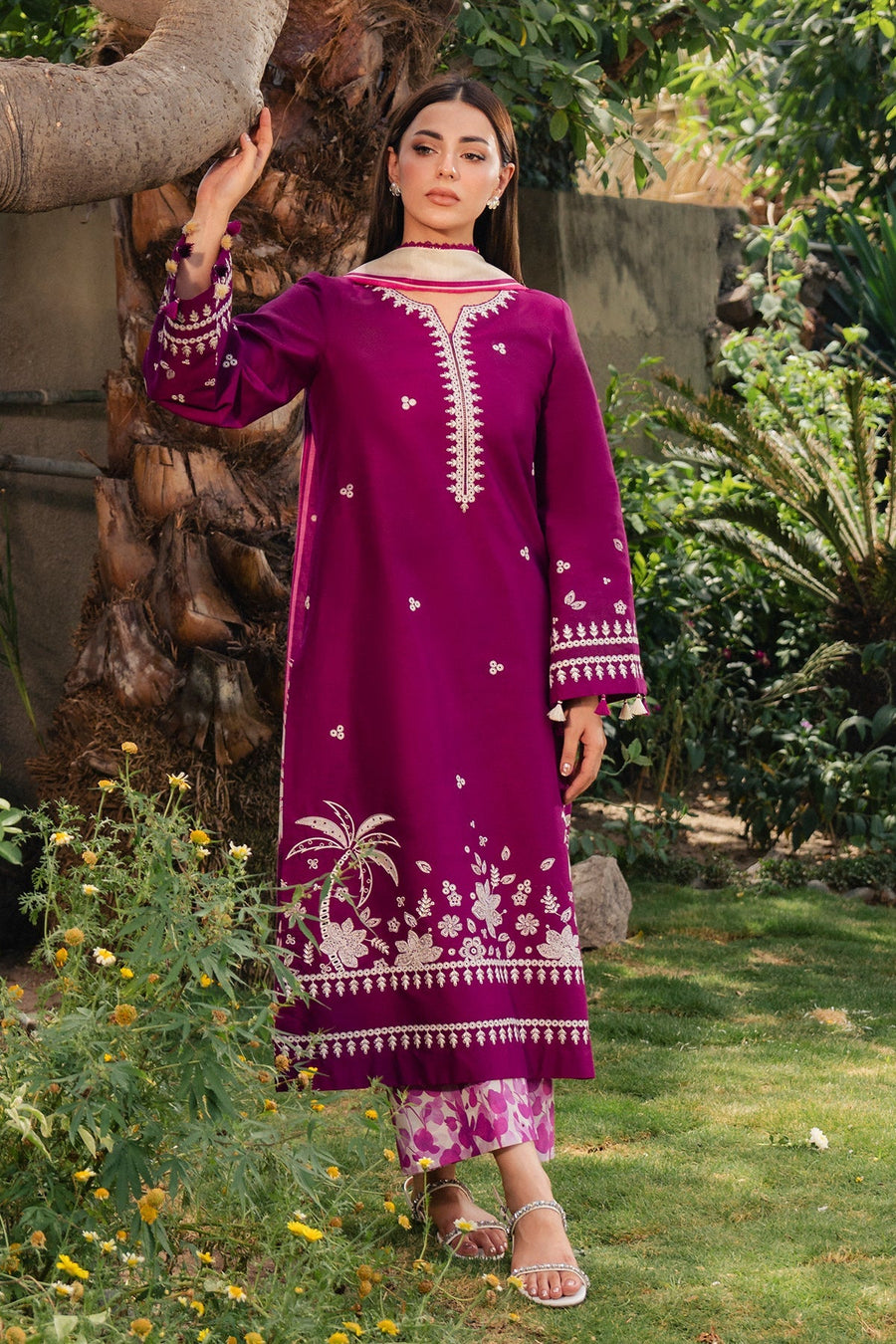 Magenta Embroidered Lawn Suit with Printed Cambric Trousers and Cotton Silk Dupatta