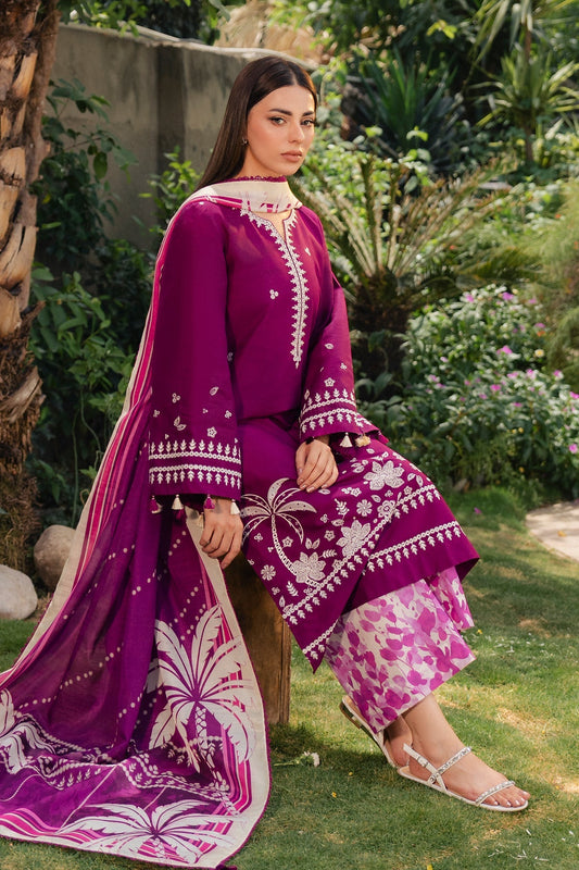 Magenta Embroidered Lawn Suit with Printed Cambric Trousers and Cotton Silk Dupatta