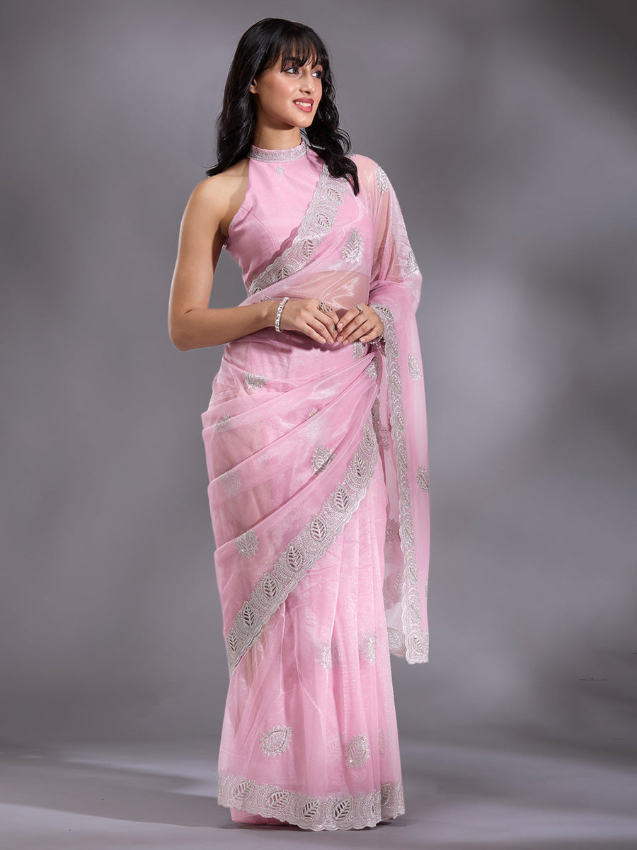 Baby Pink Cutwork Organza Saree - Pehnaawaa