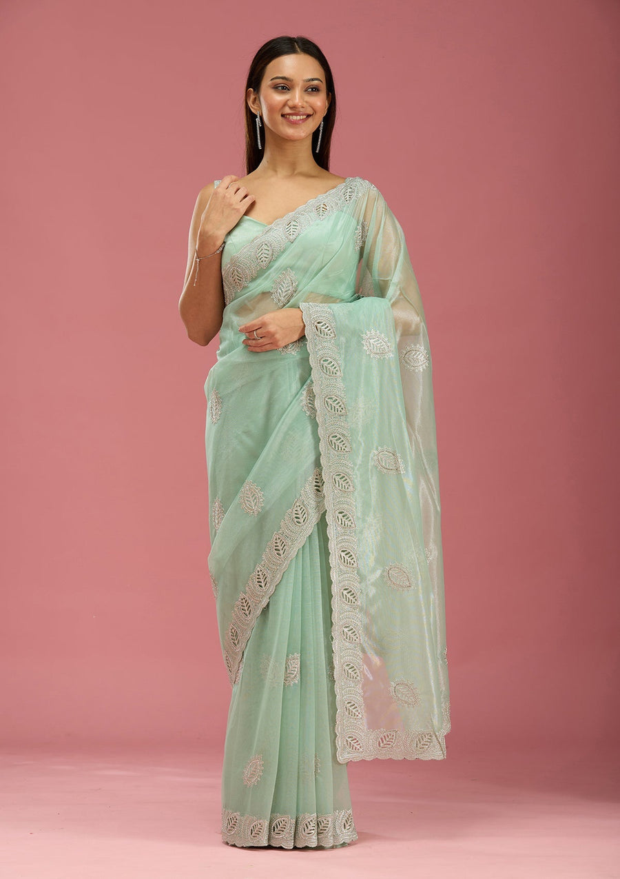 Sea Green Organza Saree with Cutwork Embroidery - Pehnaawaa