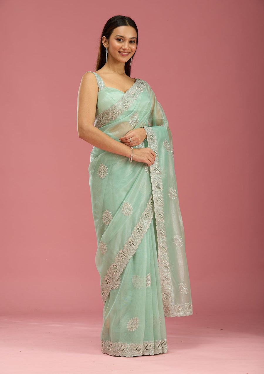 Sea Green Organza Saree with Cutwork Embroidery - Pehnaawaa
