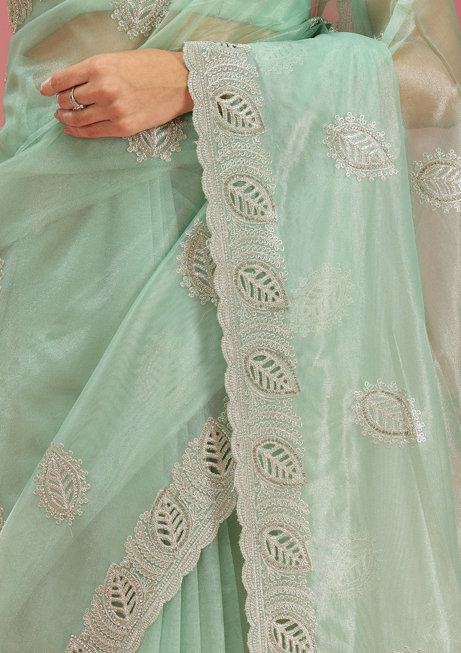 Sea Green Organza Saree with Cutwork Embroidery - Pehnaawaa
