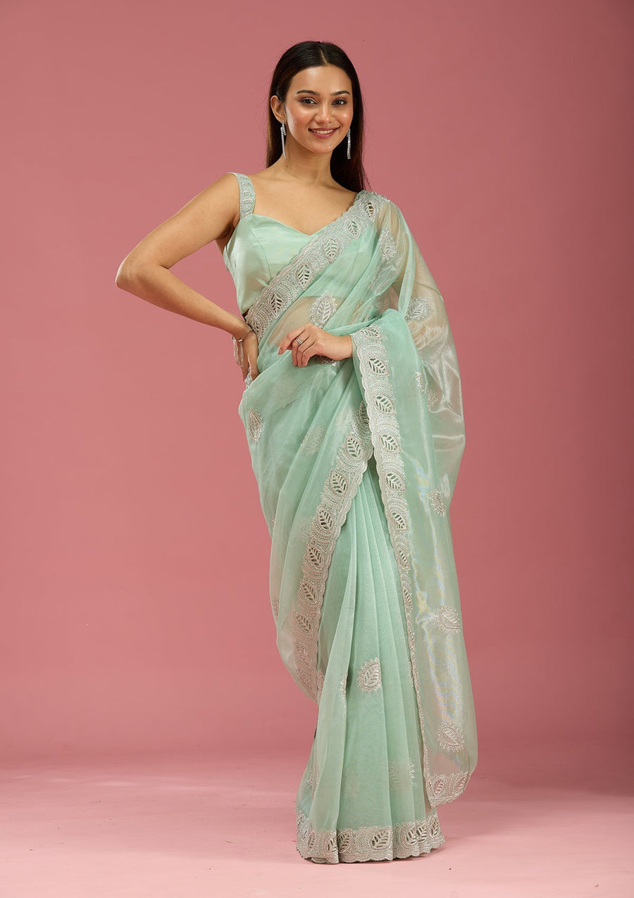 Sea Green Organza Saree with Cutwork Embroidery - Pehnaawaa