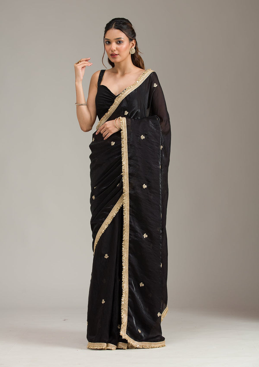 Black Georgette Saree with Gold Stonework Embroidery - Pehnaawaa