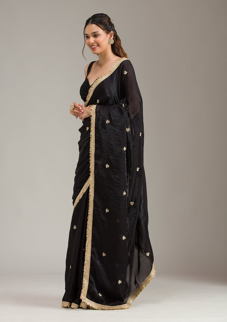Black Georgette Saree with Gold Stonework Embroidery - Pehnaawaa