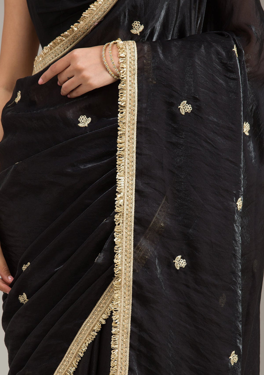 Black Georgette Saree with Gold Stonework Embroidery - Pehnaawaa