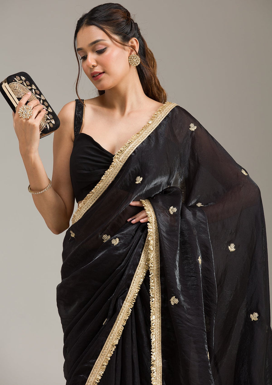 Black Georgette Saree with Gold Stonework Embroidery - Pehnaawaa
