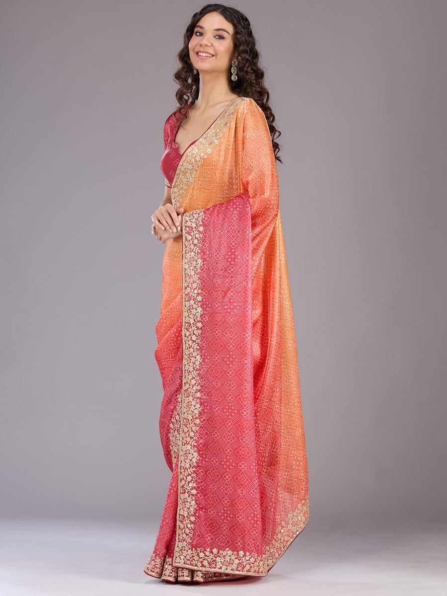 Orange Organza Saree with Cording Embroidery - Pehnaawaa