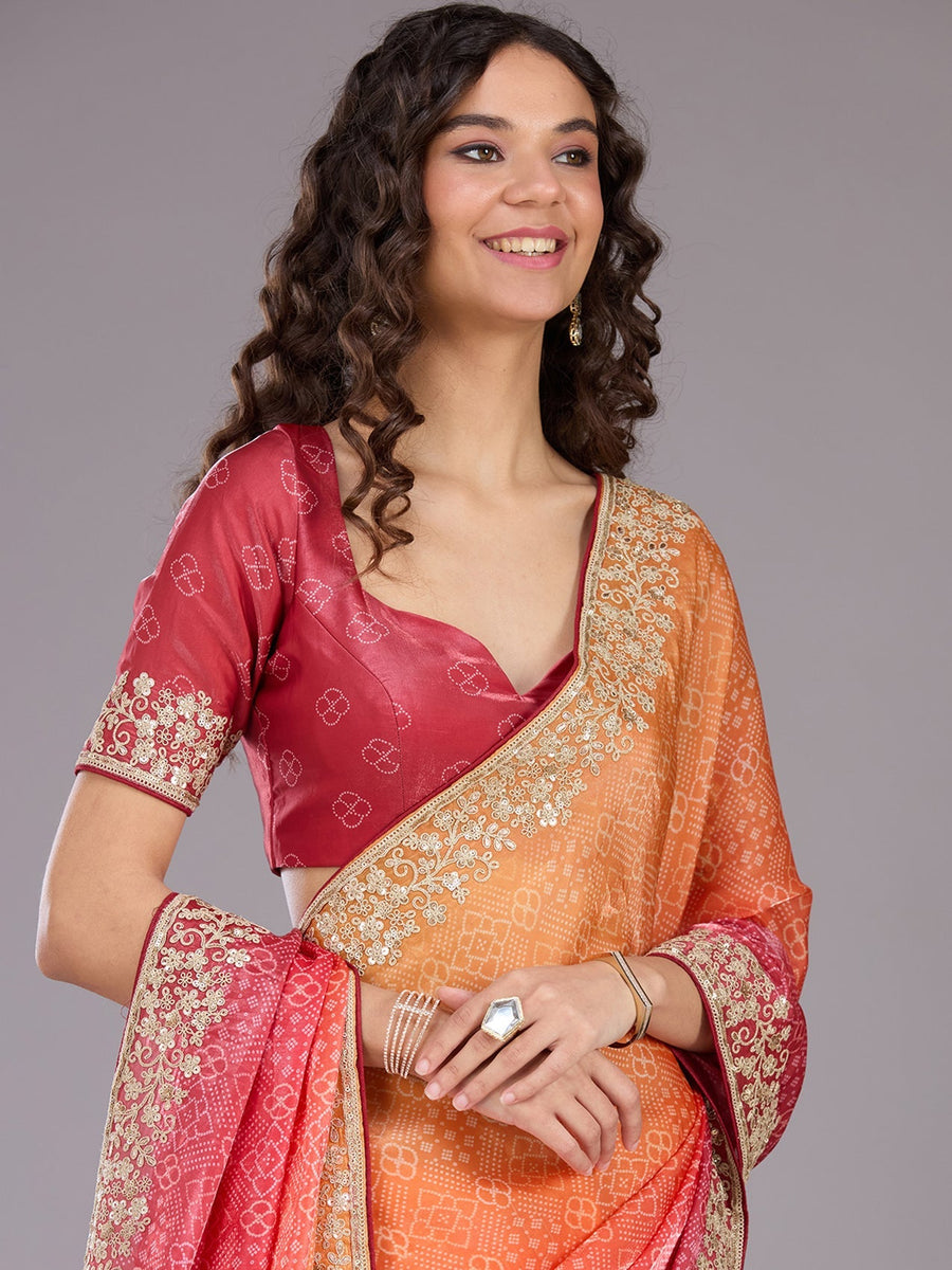 Orange Organza Saree with Cording Embroidery - Pehnaawaa