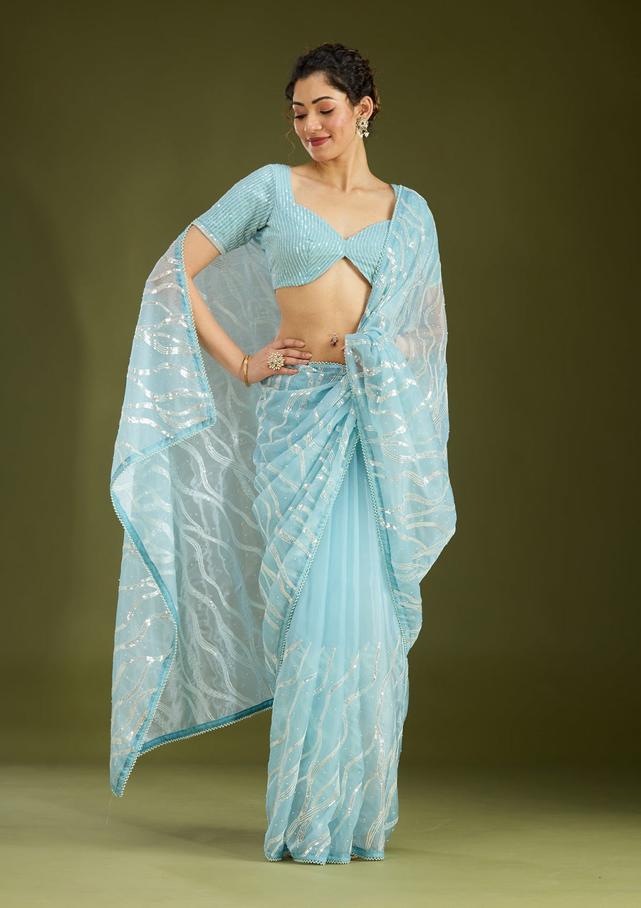 Sky Blue Pearlwork Organza Saree - Pehnaawaa