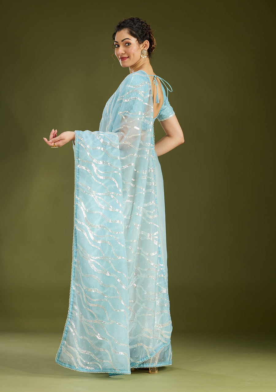 Sky Blue Pearlwork Organza Saree - Pehnaawaa
