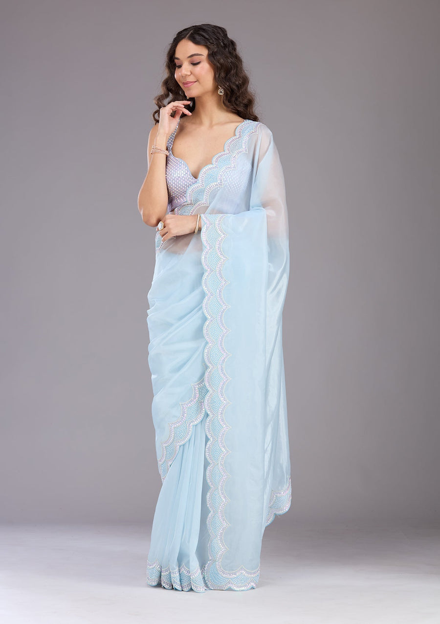 Pastel Blue Net Saree with Sequins Embroidery - Pehnaawaa