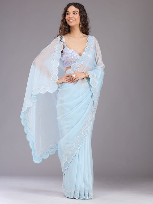 Pastel Blue Net Saree with Sequins Embroidery - Pehnaawaa