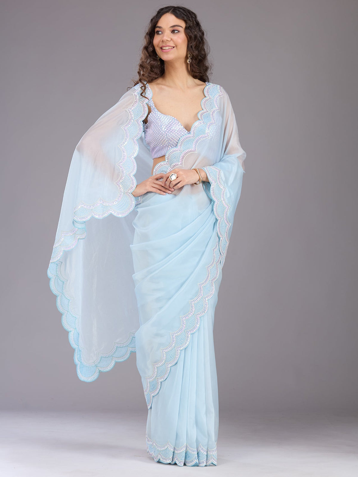 Pastel Blue Net Saree with Sequins Embroidery