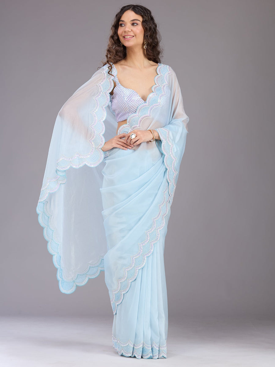 Pastel Blue Net Saree with Sequins Embroidery - Pehnaawaa